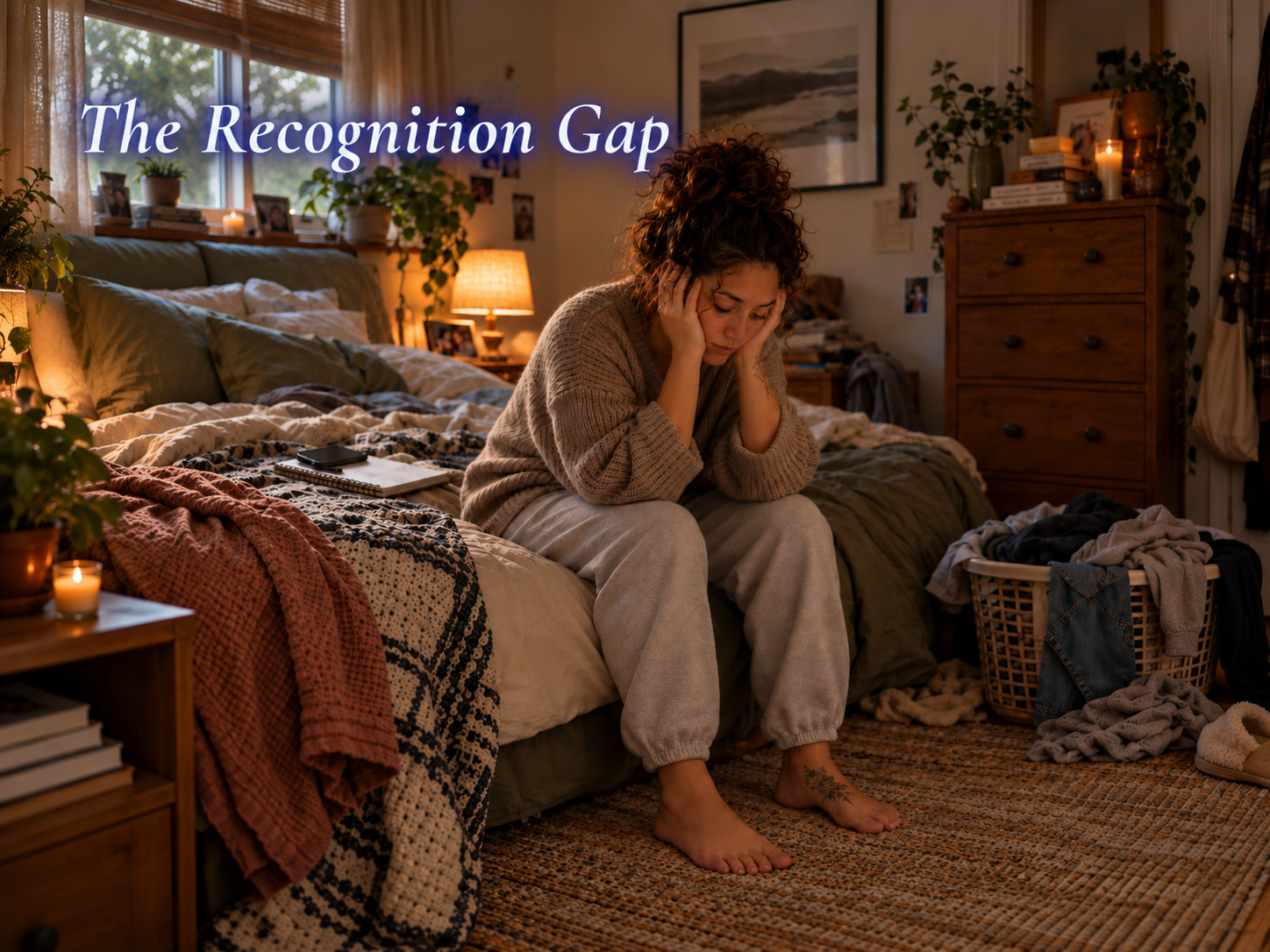 Kayla sits barefoot on the edge of an unmade bed with her head in both hands, surrounded by the ordinary clutter of a lived-in bedroom.