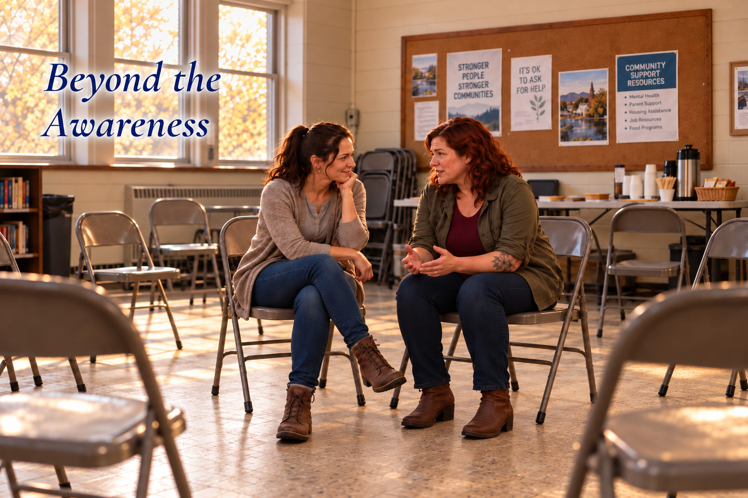 Kayla and Kelly talk after a community meeting, beneath the title Beyond the Awareness.