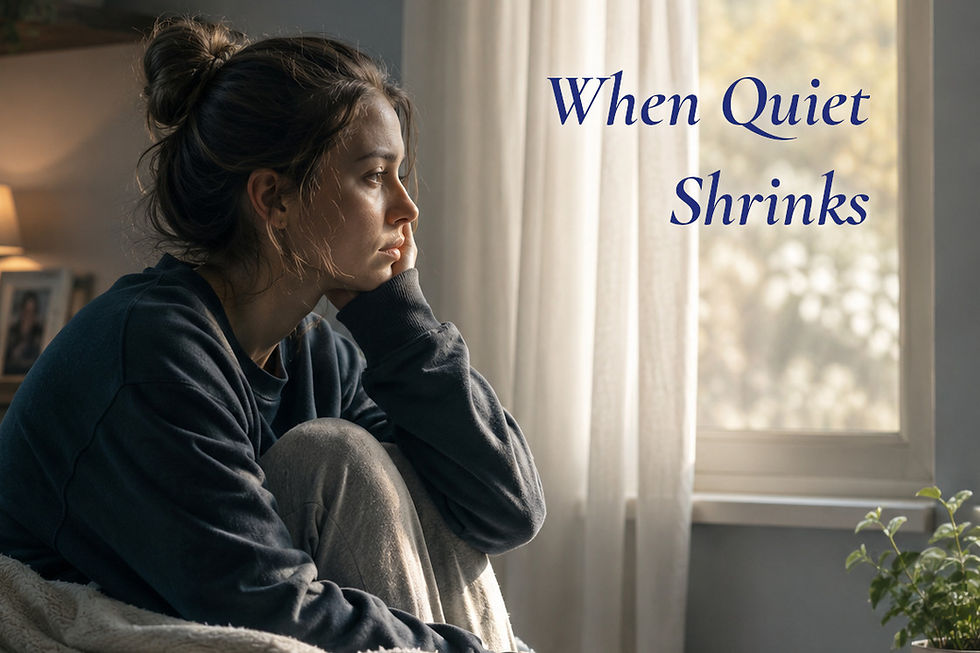 Person sitting quietly on a bed near a window with a blanket and phone nearby, representing the moment rest can begin to feel like emotional hiding.