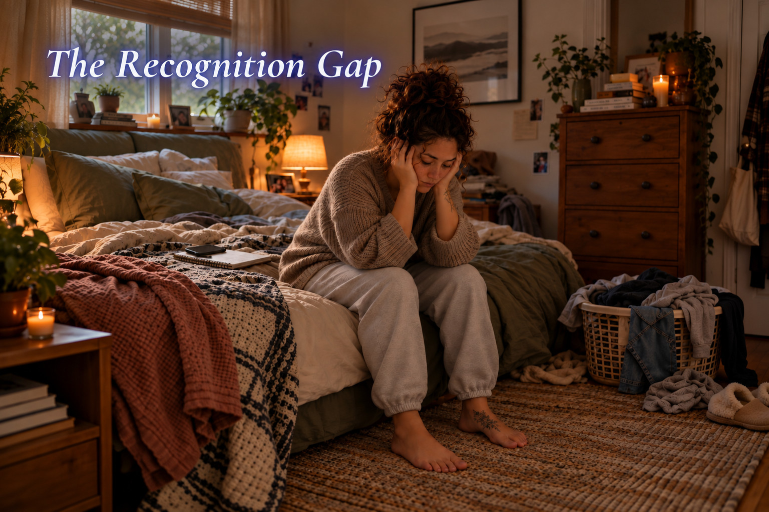 Kayla sits barefoot on the edge of an unmade bed with her head in both hands, surrounded by the ordinary clutter of a lived-in bedroom.