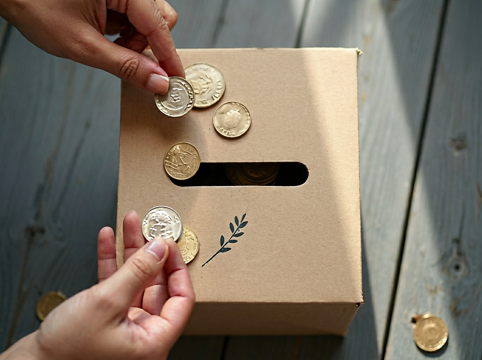 Hands depositing coins into a donation box, financial support, charitable giving