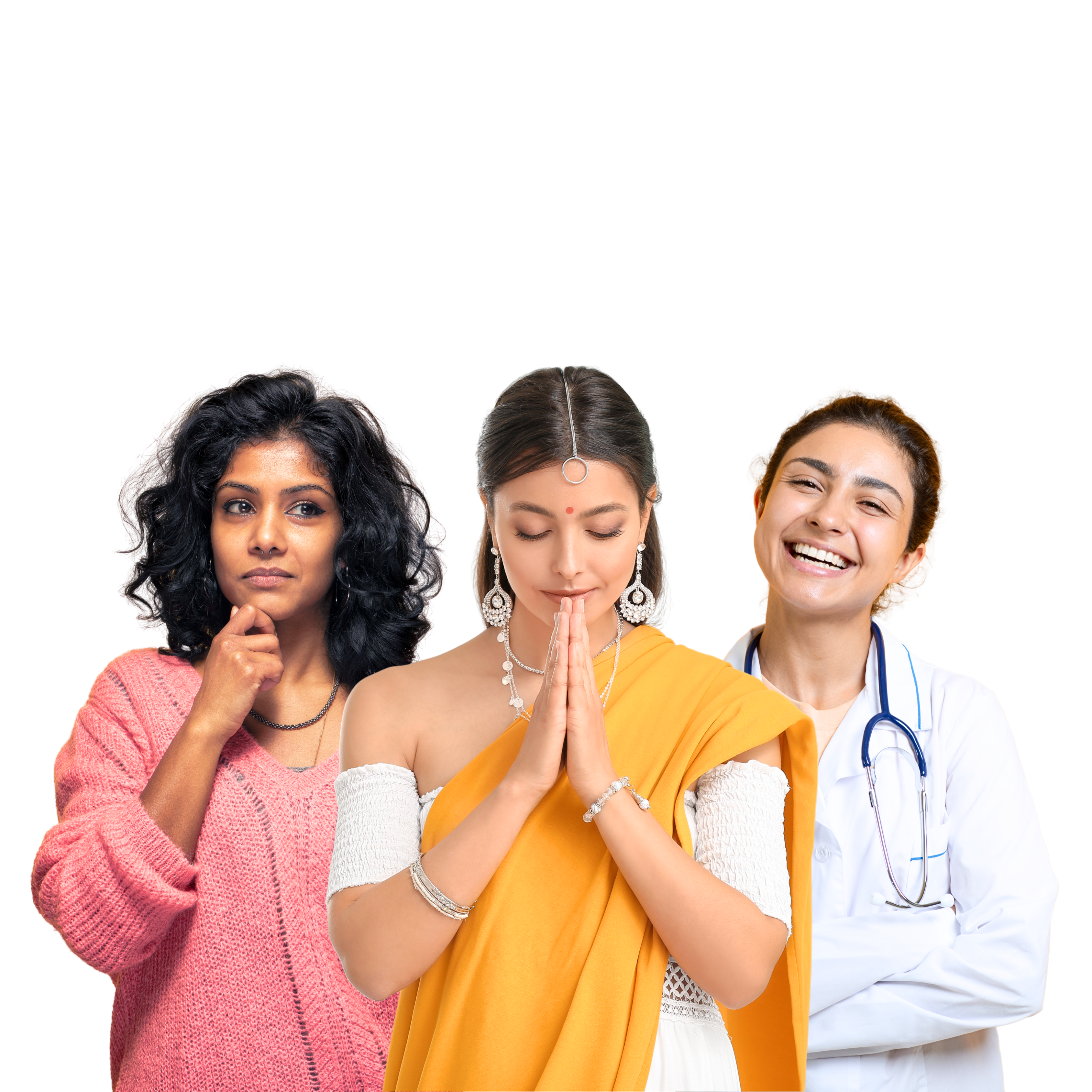 Three women of diverse backgrounds stand together