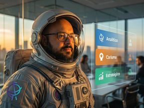 Close de um homem com traje de astronauta observando uma interface holográfica com os termos "Analítico", "Carisma" e "Estratégico" em um escritório moderno ao pôr do sol.