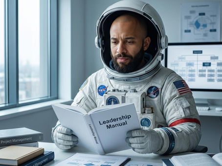 Um homem barbudo em traje de astronauta lê um manual "Leadership Manual" numa mesa de escritório.