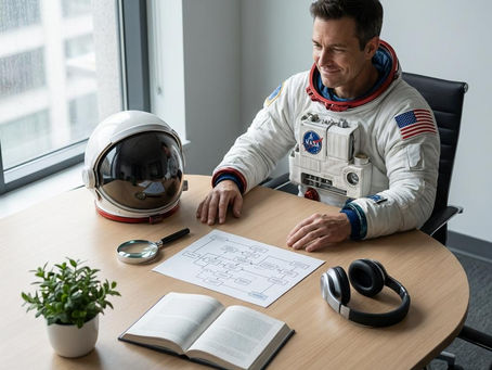 Astronauta sorrindo sentado à mesa com capacete, fones, lupa, planta, livro aberto e diagrama de fluxograma.