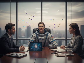 Astronauta em uma sala de reuniões com dois liderados.