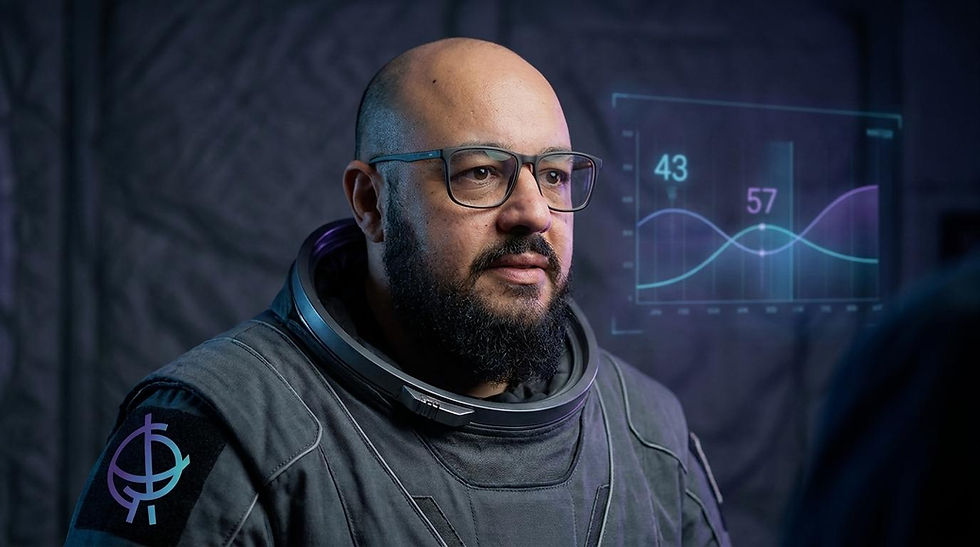 Close-up de um astronauta em um estado de escuta ativa e profunda, com um gráfico holográfico ao fundo exibindo a proporção ideal de fala e escuta de 43/57.