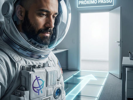 Um astronauta barbudo olha para uma porta aberta com uma seta luminosa no chão e a placa "PRÓXIMO PASSO".