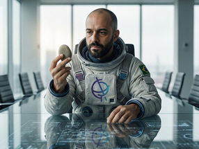 Um homem em traje de astronauta senta-se numa mesa de conferência futurista, olhando atentamente para uma pedra que segura.
