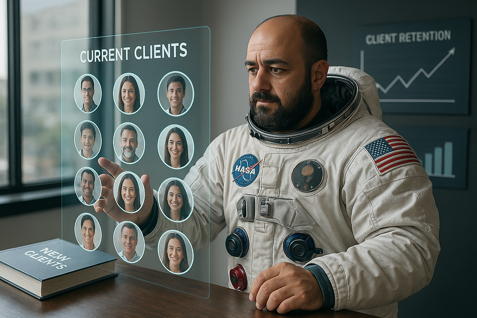 Astronauta com sua aparência analisando um painel holográfico de clientes atuais em um escritório, com livros de ‘Novos clientes’ ao lado e gráficos de fidelização na parede.