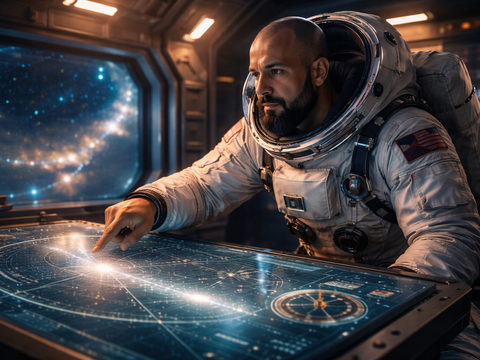Astronauta barbudo dentro de nave espacial analisando mapa estelar holográfico iluminado, simbolizando clareza e direção estratégica.