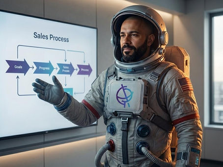 Astronauta apresenta em uma tela grande o "Sales Process", apontando para "Goals", "Progress" e "Process".