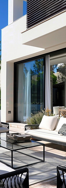 modern home outdoor patio with motorized drapery hanging in the windows
