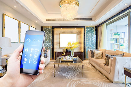 smart home app controlling lighting, security, audio, shades, and video.