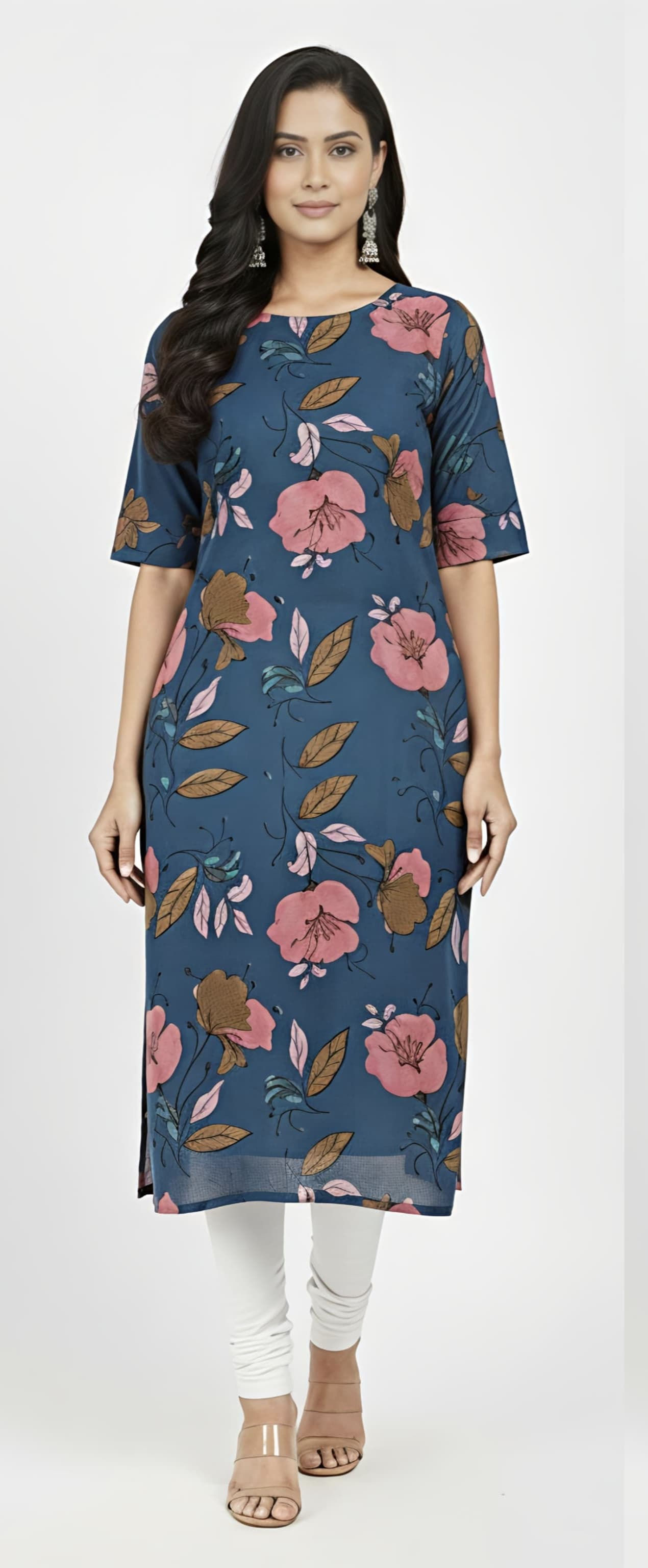 Shridha's Women's Cotton Silk Rose Pink Floral Printed Straight Kurti