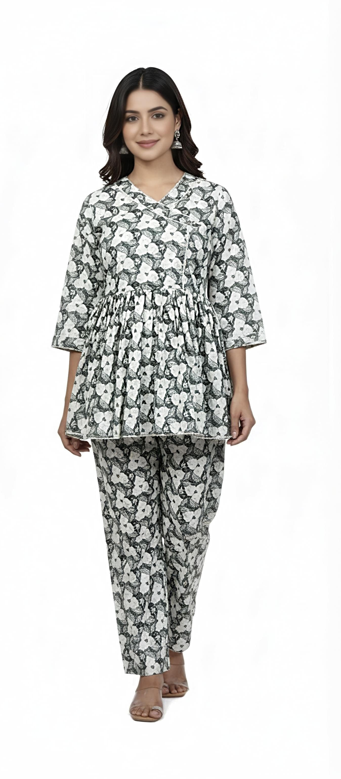 Shridha Fashions's Cotton Floral Peplum Kurti and Pant Set