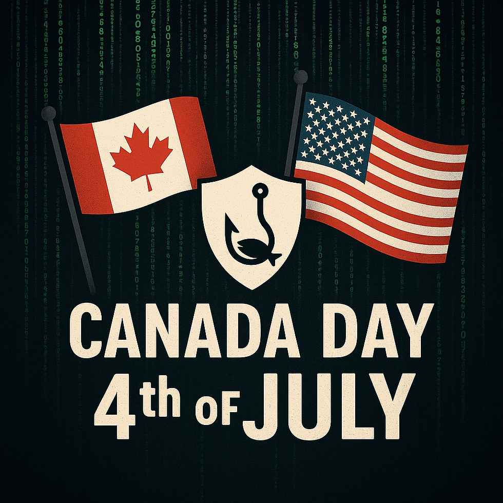 Canadian and American flags flanking a shield with a hooked fish. With matrix like code in the background and text saying "Canada Day" and "4th of July"