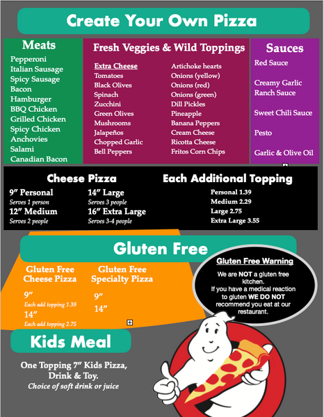 Totally 80's Pizza menu