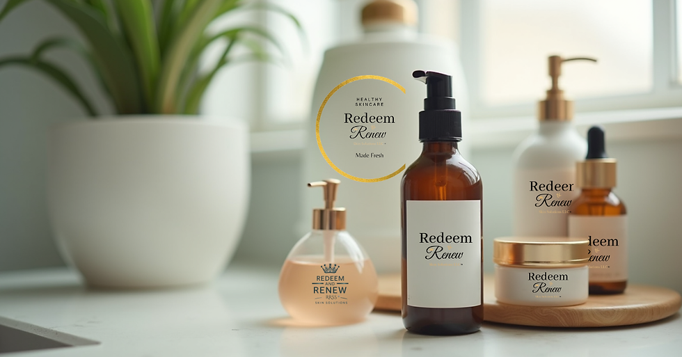 Close-up view of skincare bottles and jars arranged on a bathroom counter