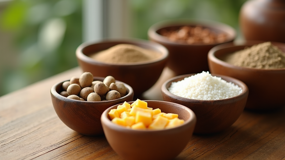 High angle view of skincare ingredients in small bowls on a wooden table