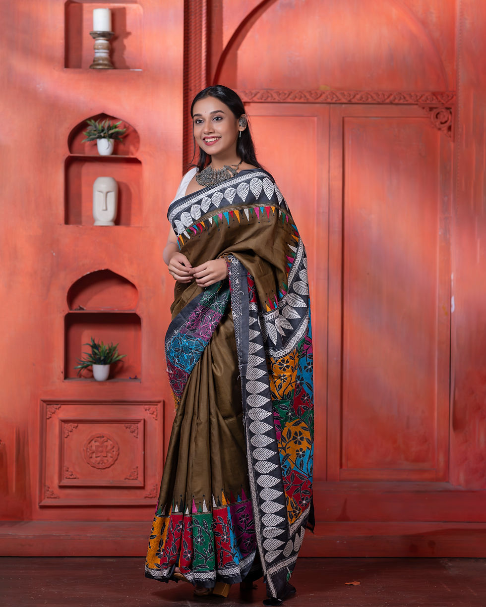 Thumbnail: Pure Tussar Silk In Antique Olive With Multicoloured Threadwork