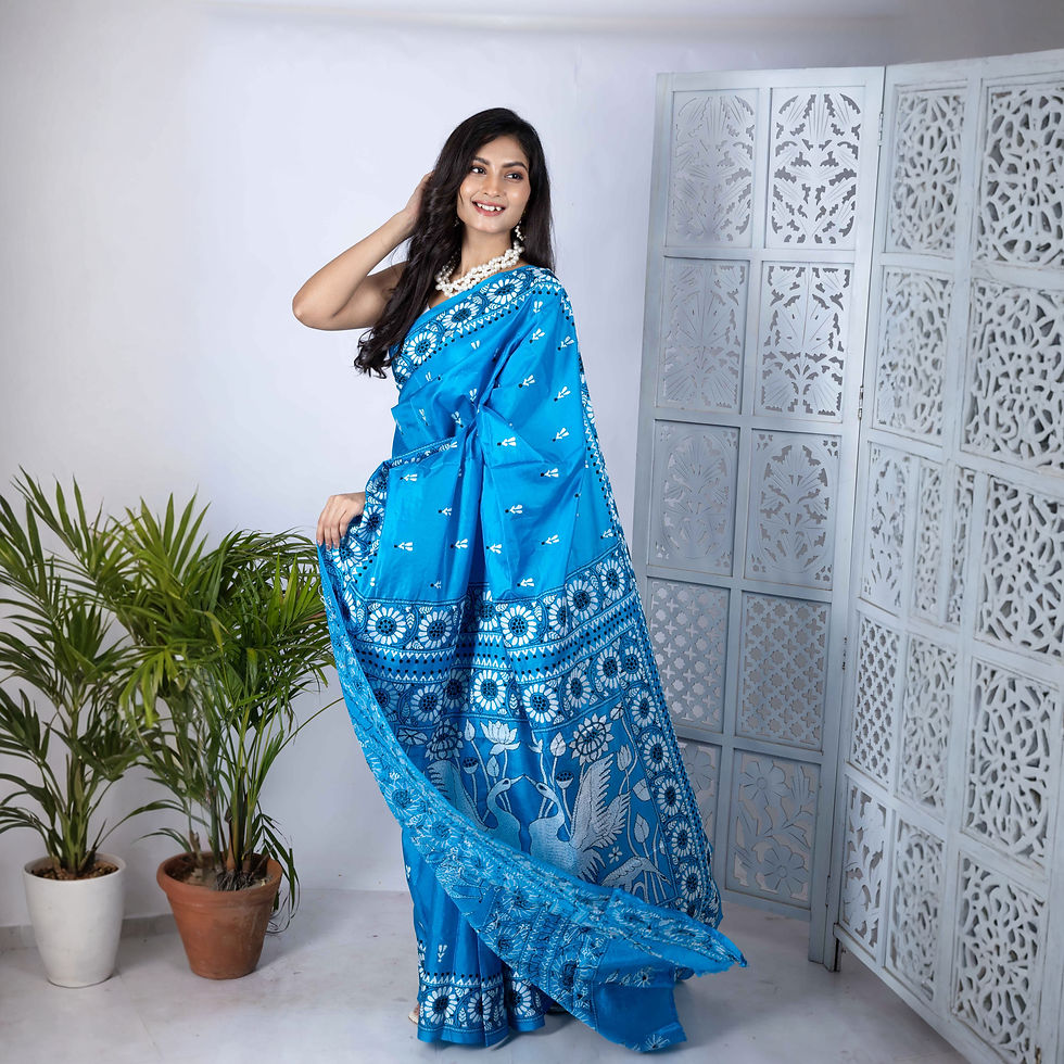 Thumbnail: Royal Blue Bangalore Silk Saree With Intricate Kantha Stitch Embroidery