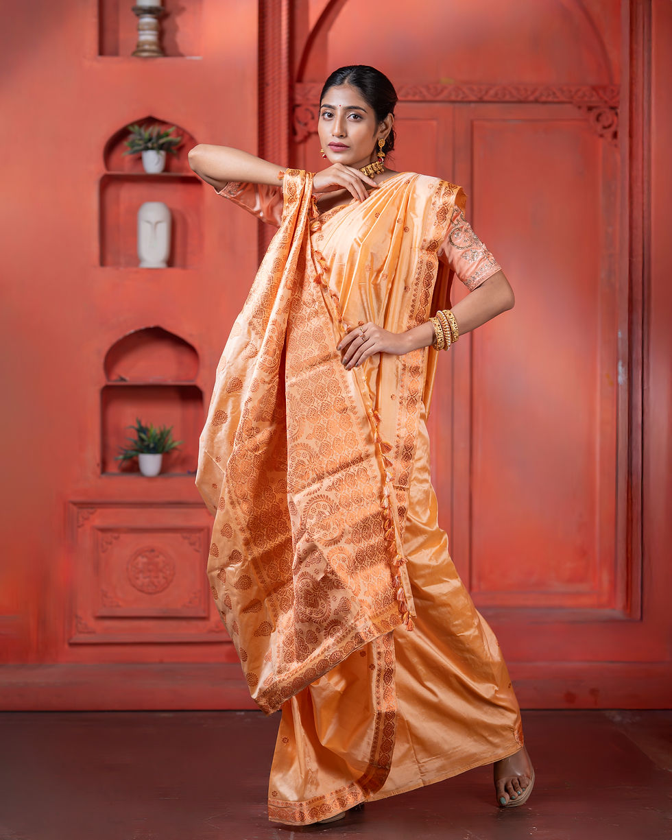 Thumbnail: Pure Mulberry Silk Peach-Apricot With Golden Zari Threadwork
