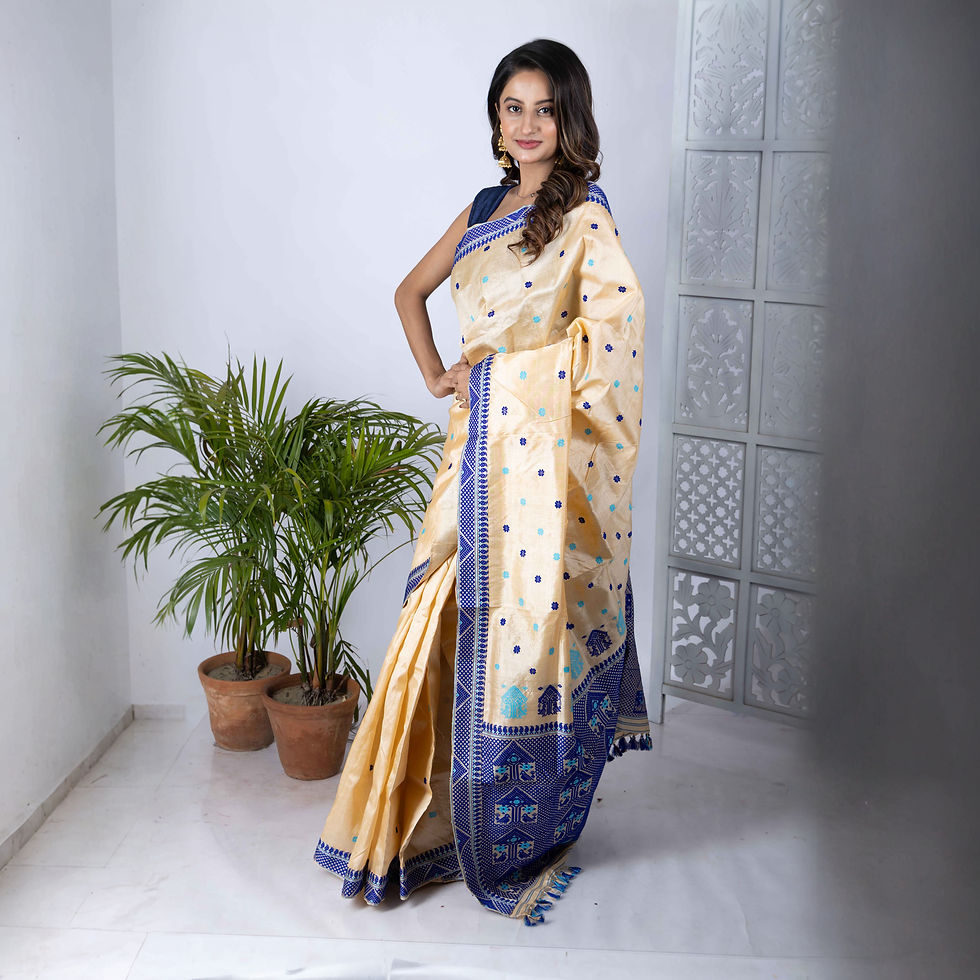 Thumbnail: Assam Mulberry Silk Saree Beige and Blue