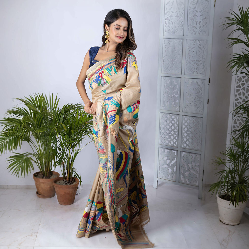 Thumbnail: Beige With Vivid Multicoloured Embroidery Tussar Silk Kantha Stitch Saree