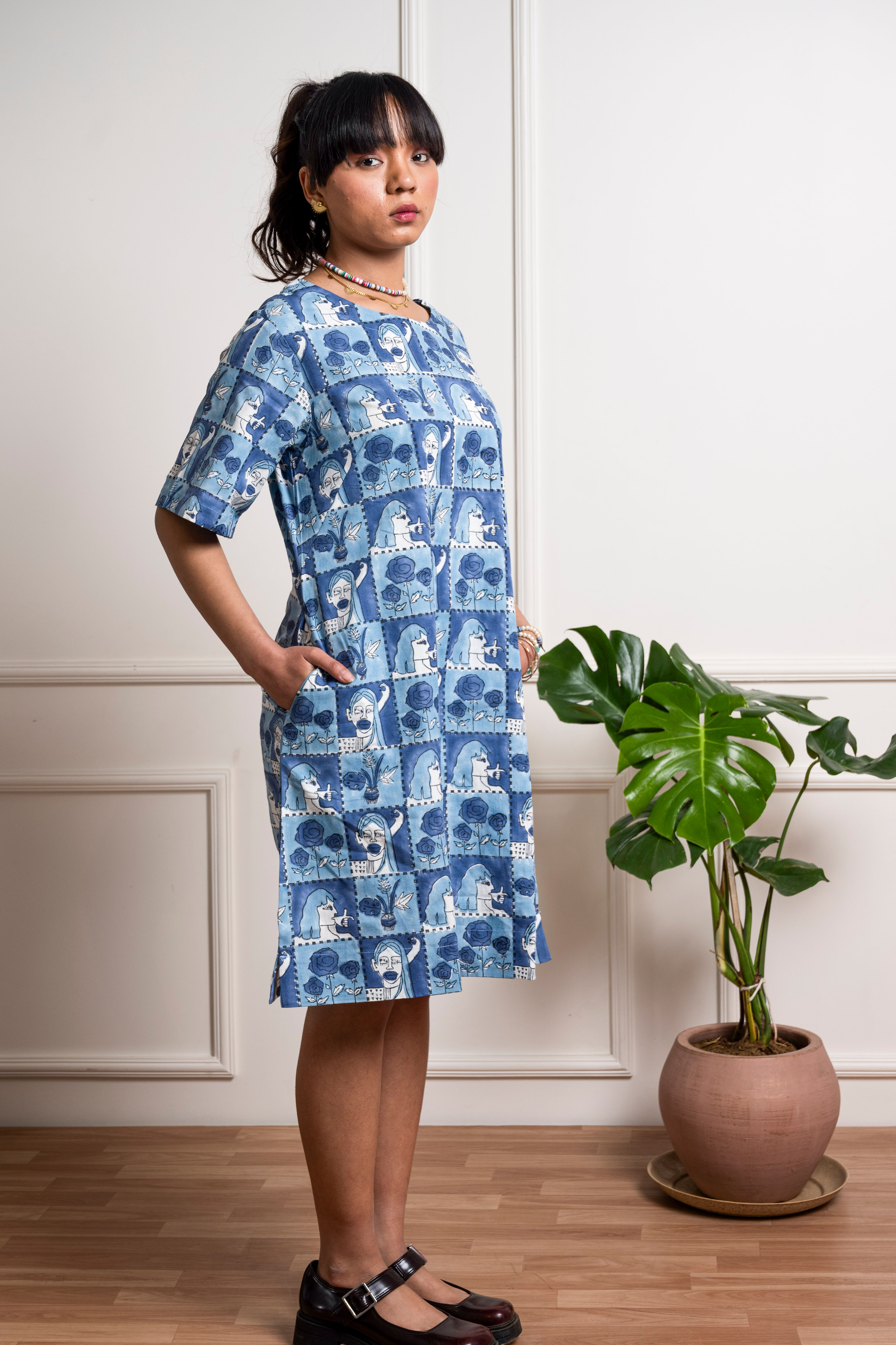 indigo shift dress