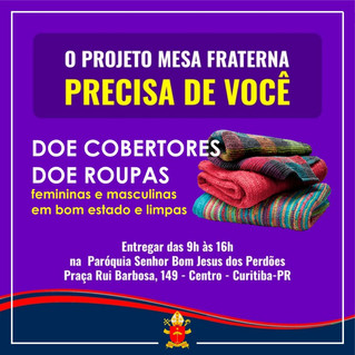 Projeto Mesa Fraterna necessita doações de agasalhos e cobertores