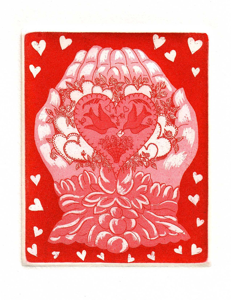 A vibrant red Valentine's etching of cupped hands holding a heart with birds delivering a letter and flowers.