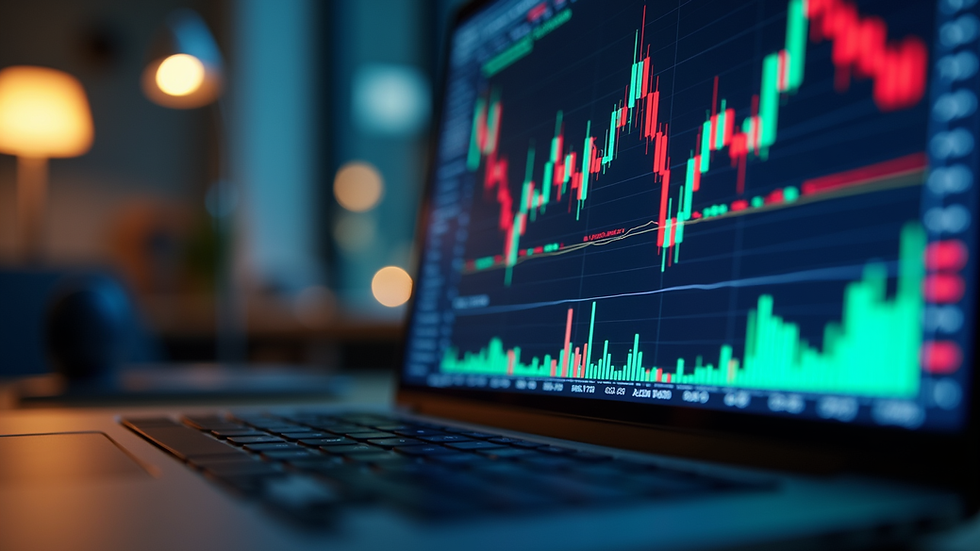 Eye-level view of a laptop screen showing Forex charts and graphs