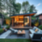 a modern small guest house in canadian backyard summertime.jpg
