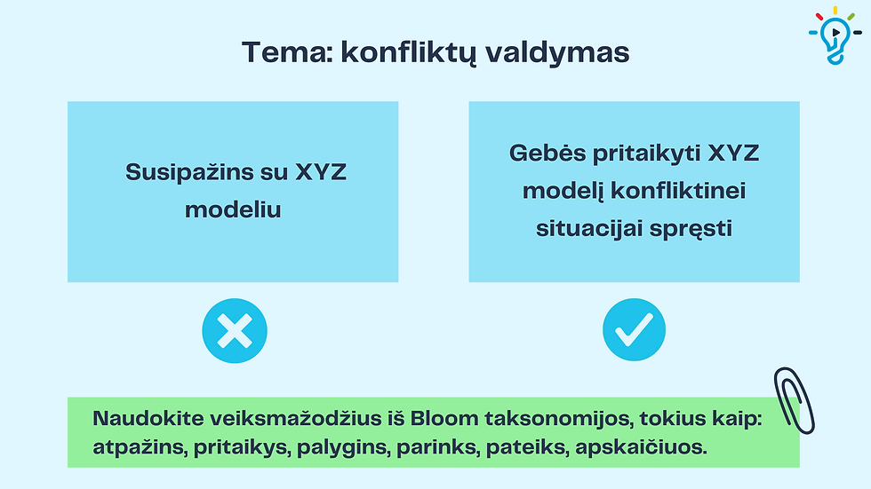 Mokymosi uždaviniai: blogos ir geros formuluotės pavyzdžiai