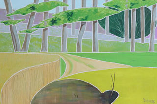 A reed fringed pool part covered with floating weed  is reached by a path that comes down beside woods that rise up hill to a glimpse of sky