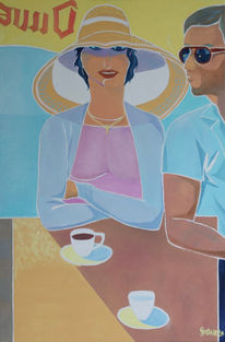 A woman in a sunhat and man in sunglasses sitting at a table under a beach umbrella advertising a week known Belgian beer