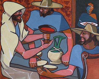 Three traveler in sun hats sit in the shade of a vine around a table on which are bred rolls and a flask of wine, recognise Christ as he raises the cup while a boy emerges with more food from the kitchen