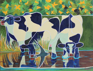 Three cows reflected  wading into the shallow to drink as a swallow flies past them
Landscape art
Briths landscape art
Surey landscape art
British artist
Figurative art
Contemporary art
Recent Works by Sinclair Webster Artist