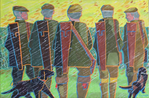 Five men walking away from you in the rain while their dogs scamper behind them