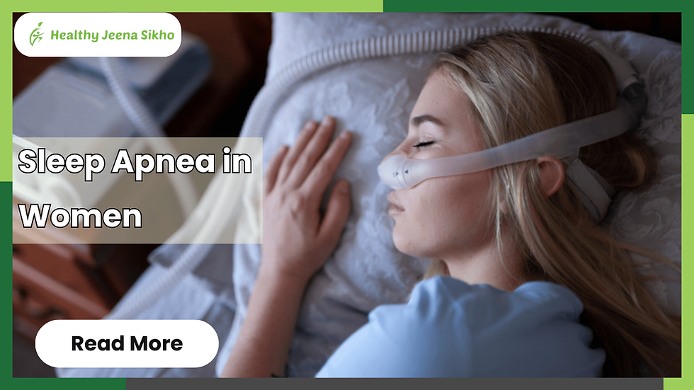 An illustration of a woman experiencing sleep apnea, showing disrupted airflow during sleep. It highlights symptoms like fatigue, insomnia, and mood changes, which are often less noticeable compared to men