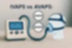 Illustration comparing IVAPS and AVAPS ventilation modes, showing a ventilator machine connected via tubing to a patient wearing a full-face mask.