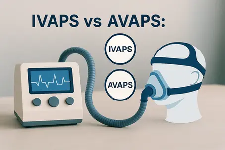 Illustration comparing IVAPS and AVAPS ventilation modes, showing a ventilator machine connected via tubing to a patient wearing a full-face mask.