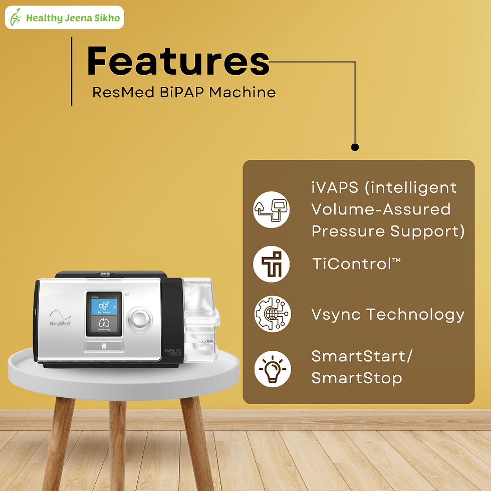 Thumbnail: Image highlighting ResMed Auto BiPAP machine’s key features: auto-adjust pressure, humidifier, quiet motor, and data tracking