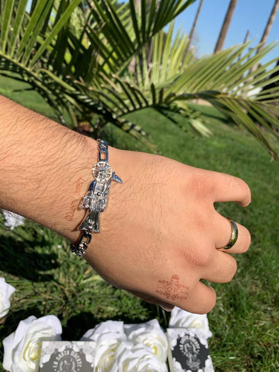 Thumbnail: SILVER 3D Santa Muerte Bracelet "Esclava"