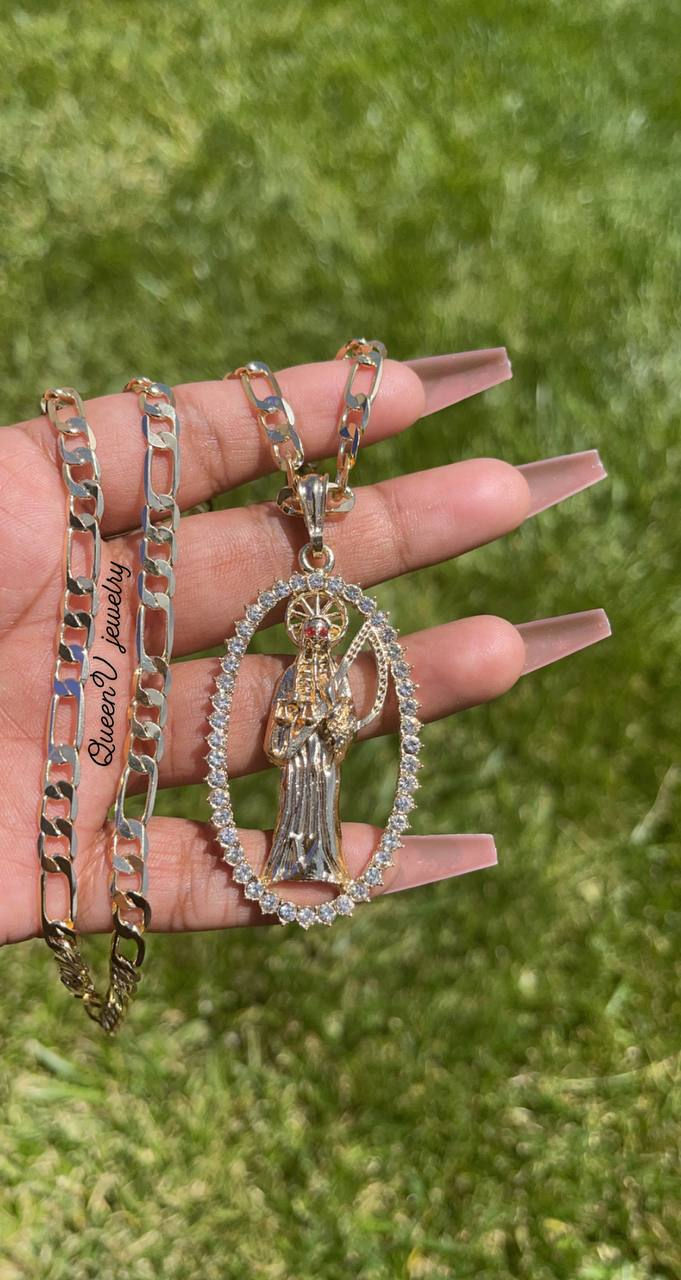 Thumbnail: Gold Santa Muerte Diamond Necklace