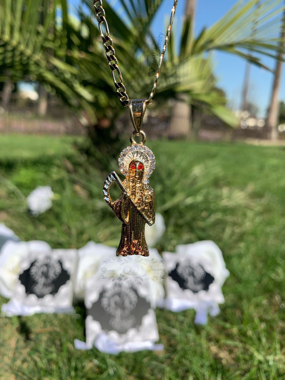 Thumbnail: 3Tone Santa Muerte White Crystal Necklace