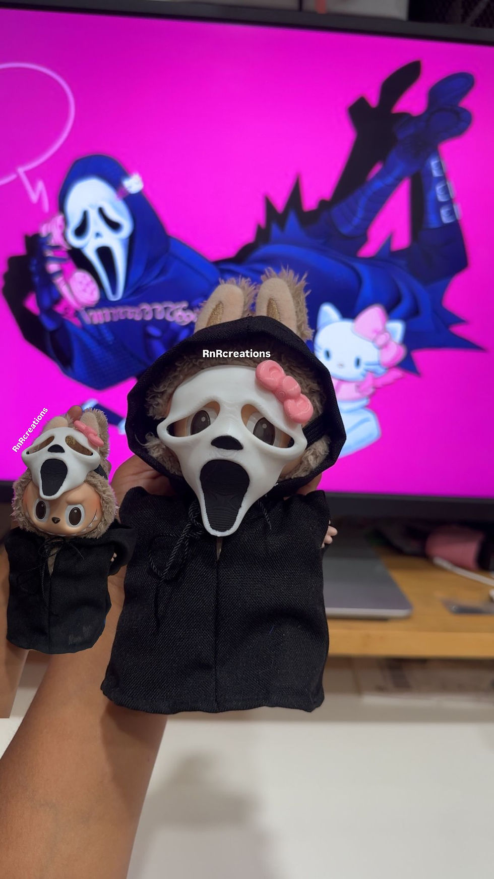 Ghost Face Horror Mask with pink bow– Handmade Outfit for Labubu