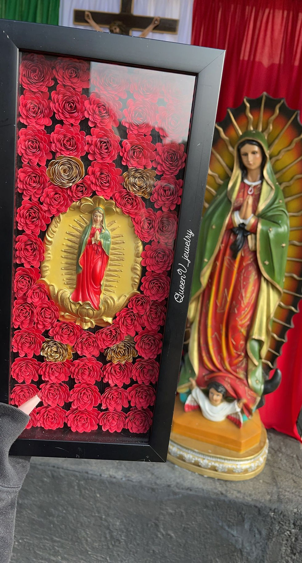 Thumbnail: 3D Virgencita Red & Gold Flower Shadow Box