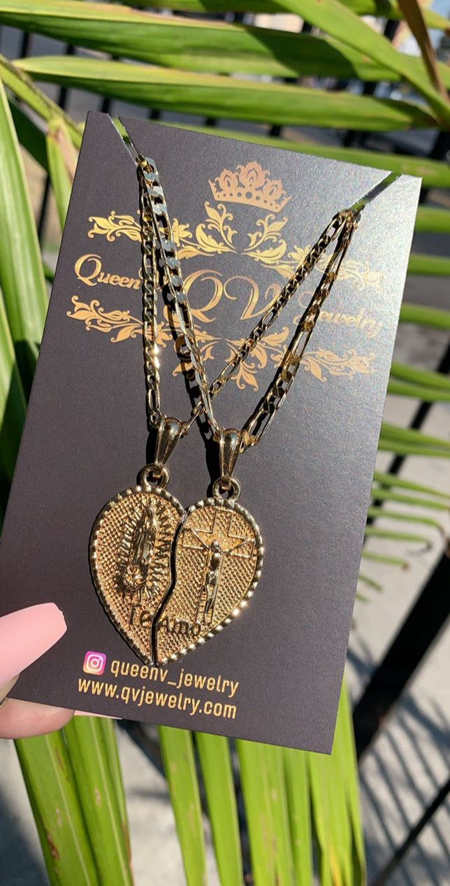 Thumbnail: Large size TE AMO Guadalupe & Jesus Broken Heart Necklace💔"iloveyou"